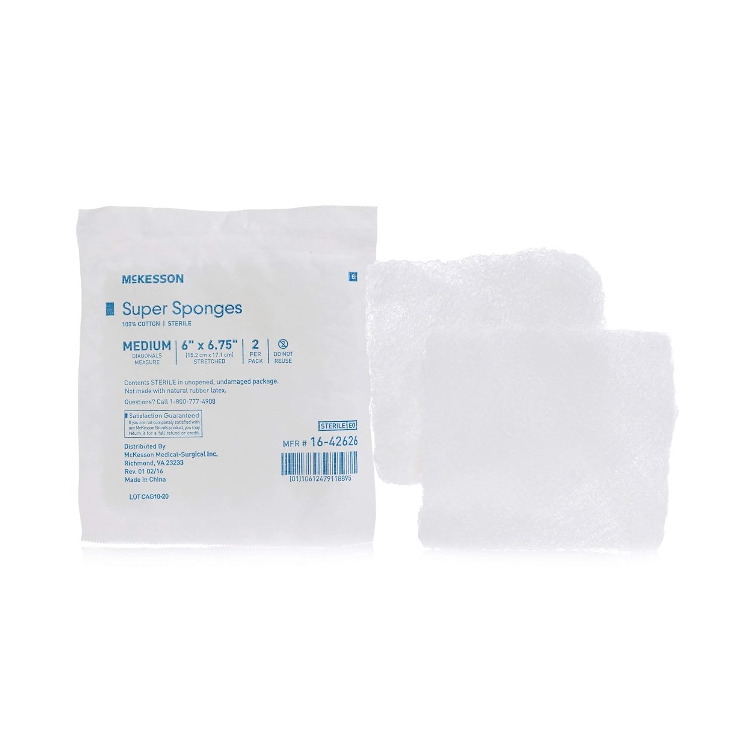 McKesson Super Sponges, Sterile, 100% Cotton, Fluff Dressing, 6 in x 6 3/4 in, 2 per Pack, 20 Packs, 40 Total : Industrial & Scientific