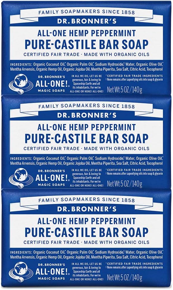 Dr. Bronner's - Pure-Castile Bar Soap (Peppermint, 5 ounce, 3-Pack) - Made with Organic Oils, For Face, Body and Hair, Gentle and Moisturizing, Biodegradable, Vegan, Cruelty-free, Non-GMO