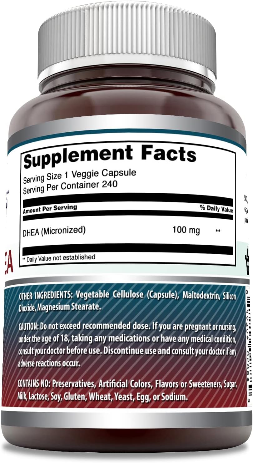 Amazing Formulas Micronized DHEA 100mg Per Serving 240 Veggie Capsules Supplement | Non-GMO | Gluten Free | Made in USA | Suitable for Vegetarians