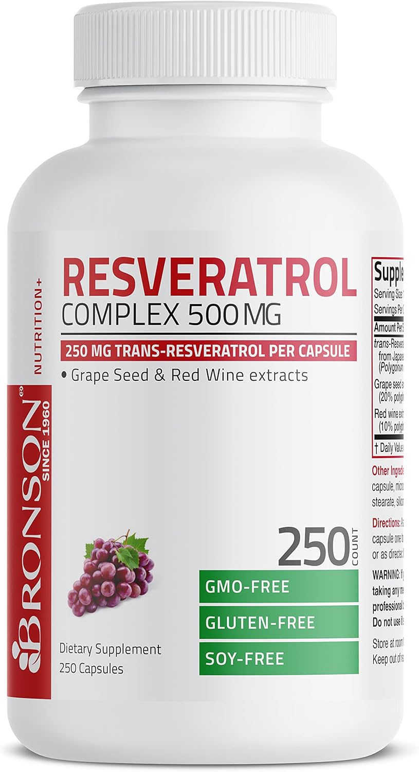 Bronson Resveratrol 500 Complex Standardized Trans-Resveratrol + Grape Seed & Red Wine Extract, 250 Capsules : Health & Household