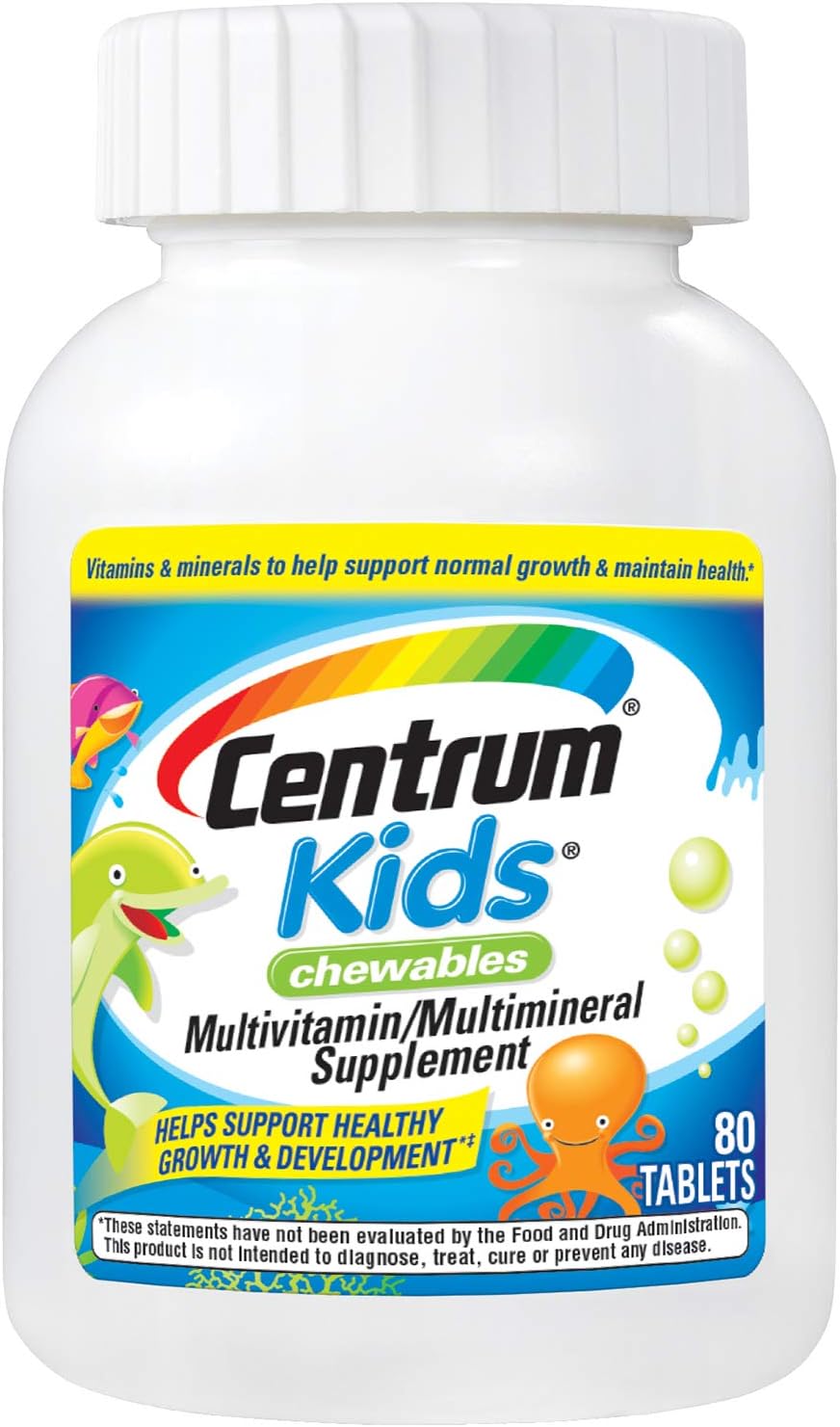 Centrum Chewable Multivitamin For Kids, Multimineral Supplement With Antioxidants And Vitamins C And E, Cherry/Orange/Fruit Punch Avor - 80 Count