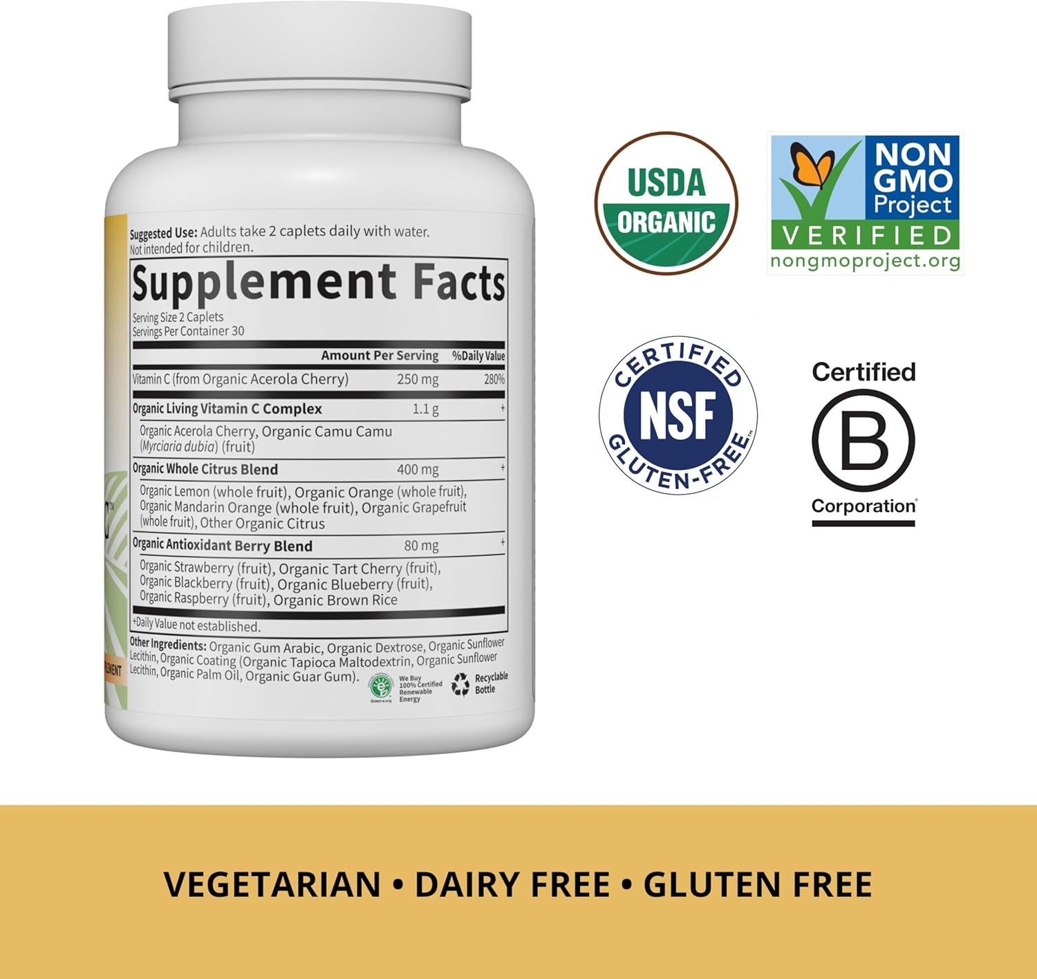 Garden Of Life Vitamin C For Adults With Antioxidants & Citrus Bioflavonoids - Now Certified Organic - Living Vitamin C, Non-Gmo Whole Food Vegetarian Nutritional Supplement, 60 Count (30 Day Supply)