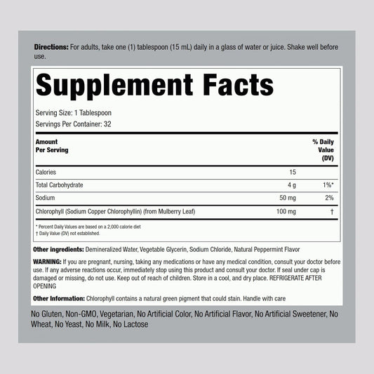 Piping Rock Chlorophyll Liquid Drops 100mg | 16 oz | Natural Peppermint Flavor | Vegetarian, Non-GMO, and Gluten Free Formula