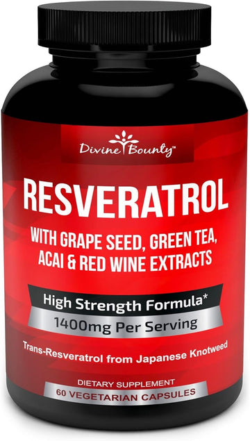 Resveratrol Supplement - 1400mg Extra Strength Formula with Grape Seed Extract, Green Tea Extract, Red Wine Extract - 60 Veggie Capsules