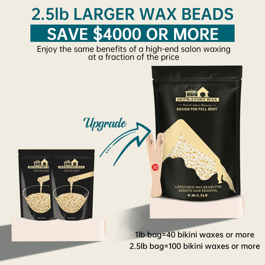 Lifestance 2.5Lb Wax Beads Kit, Cream Hard Wax Beans For Hair Removal Eyebrow Face Underarm With 30 Applicators Waxing For Brazilian Bikini Coarse Hair Women Men Large Pearl Beads Refill For Wax Pots