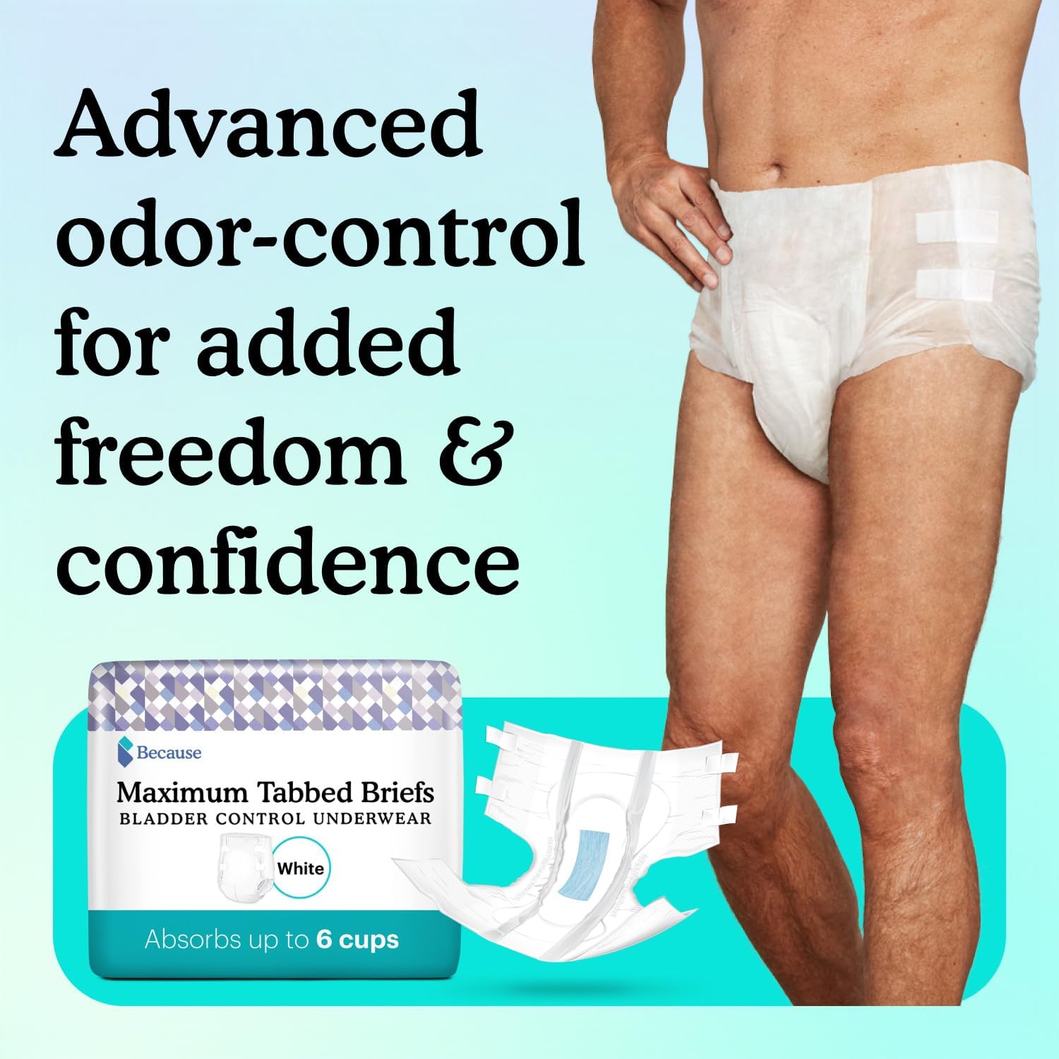 Because Adult Incontinence Tabbed Briefs for Women and Men - Adjustable Unisex Maximum Disposable Underwear, Anti Odor - White, Small - Holds 6 Cups - 96 Count (4 Packs of 24) : Health & Household