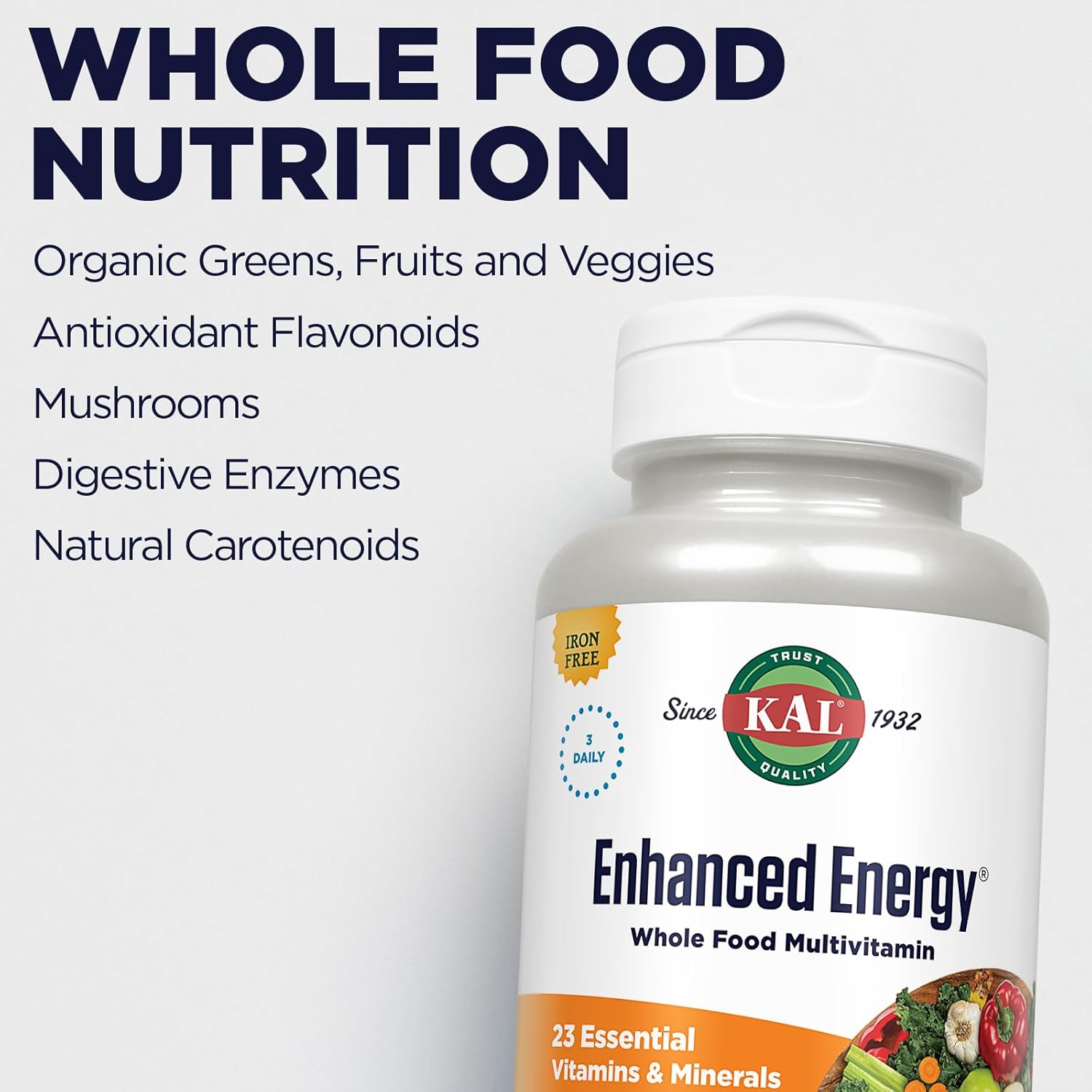 KAL Enhanced Energy Supplements, 3 Daily - Whole Food Multivitamin for Women and Men, Iron Free - 23 Essential Vitamins, Minerals, Super Foods, Digestive Enzymes, 60-Day Guarantee, 30 Serv, 90 VegTabs : Health & Household