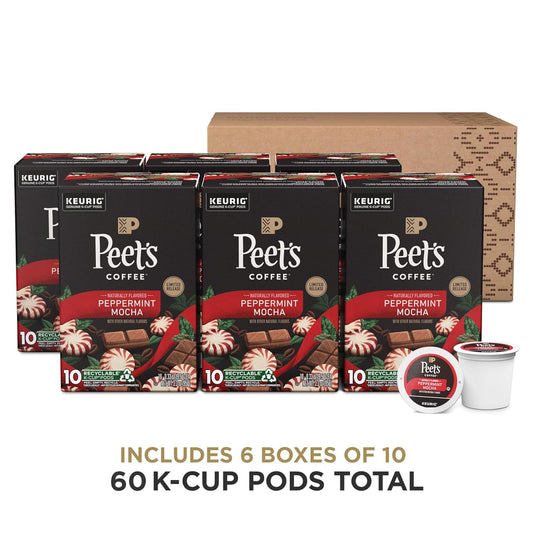 Peet's Coffee, Flavored Coffee K-Cup Pods for Keurig Brewers - Peppermint Mocha, 60 count (6 boxes of 10 pods), Light Roast