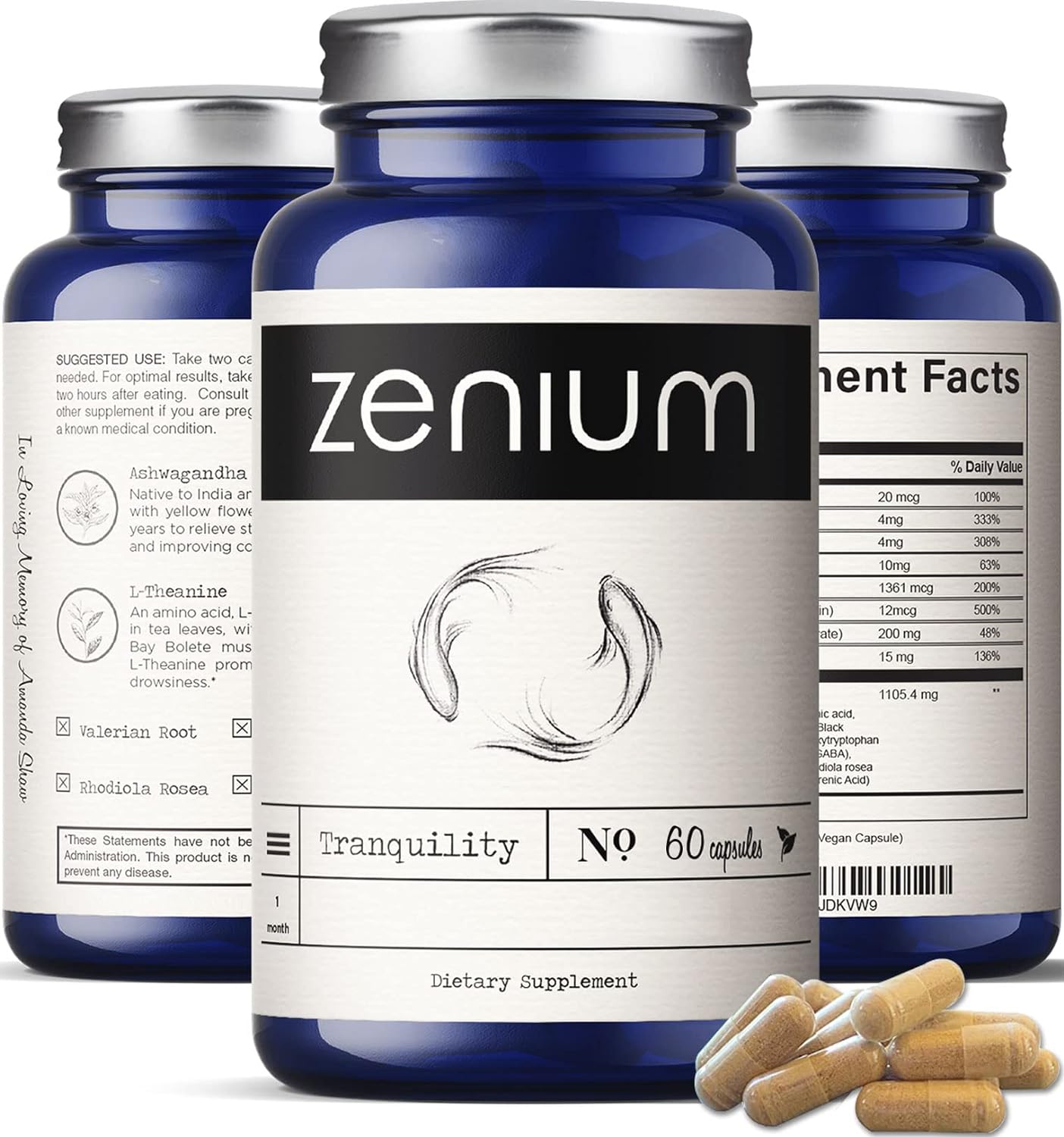 Zenium - Relieve Stress, Tension, Worry, Nervousness, & Irritability | Calm The Mind & Body | Ayurvedic | Natural Relief Supplement | Boosts Mood | Ashwagandha, L-Theanine, Gaba, Rhodiola |60 Capsules