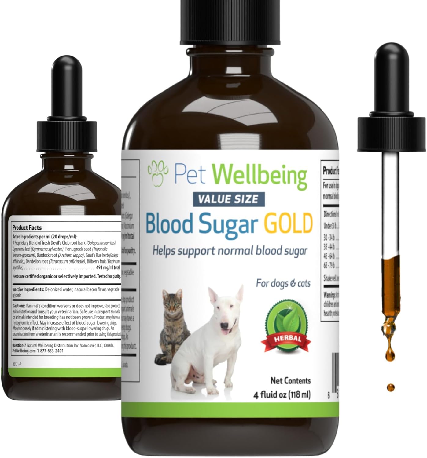 Pet Wellbeing - Blood Sugar Gold Value Size For Dogs & Cats - Natural Support For Healthy Blood Sugar Levels In Your Pet With Diabetes - 4 Oz (118Ml)