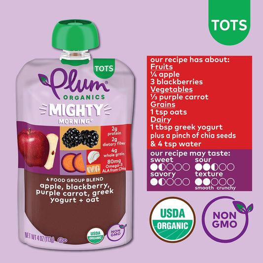 Plum Organics Mighty Morning Organic Toddler Food - Apple, Blackberry, Purple Carrot, Greek Yogurt, And Oat - 4 Oz Pouch (Pack Of 4) - Organic Fruit And Vegetable Toddler Food Pouch