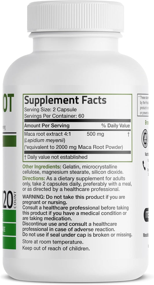 Bronson Maca Root (From 500Mg 4:1 Extract Equivalent To 2000Mg Per Serving), Lepidium Meyenii - Non-Gmo, 120 Vegetarian Capsules