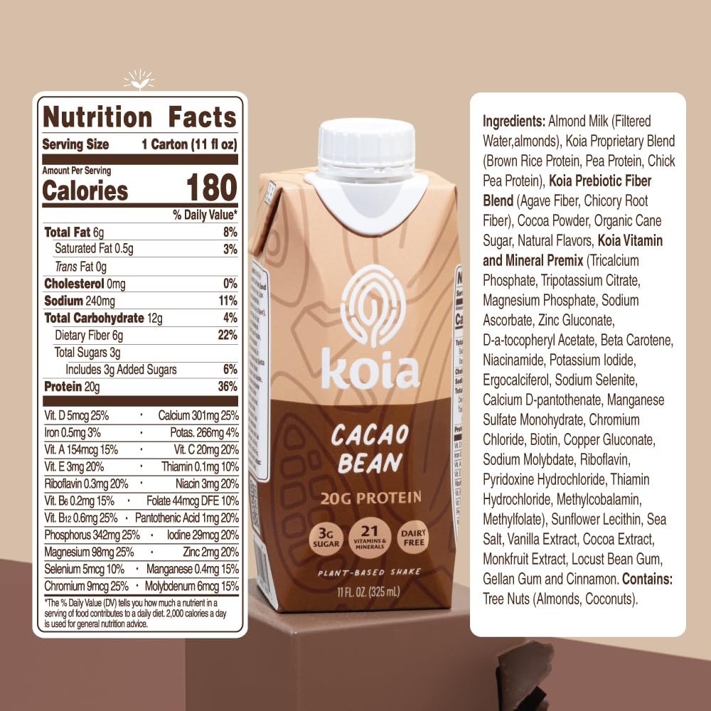 Koia - Plant Based Protein Shake - Cacao Bean - 20G Protein, 3G Sugar, 6G Prebiotic Fiber, 21 Vitamins & Minerals - Dairy Free, Soy Free, Non Gmo - Meal Replacement Drinks - 11 Fl Oz, 12 Bottles