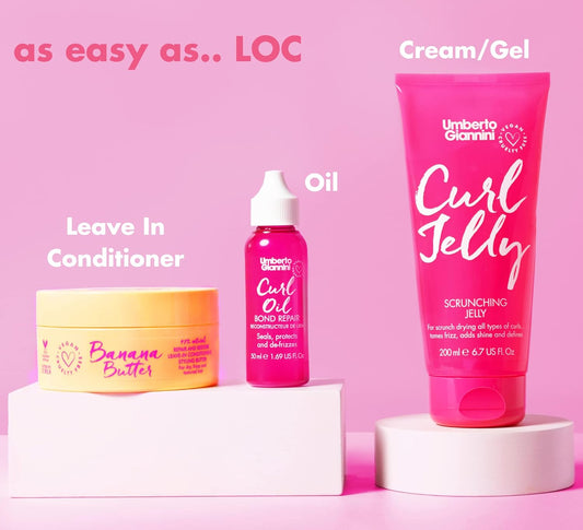 Umberto Giannini Loc Trio - Curl Jelly, Oil And Banana Butter Leave In Conditioner Moisture Layering Kit For Dry Curls, Coils And Waves