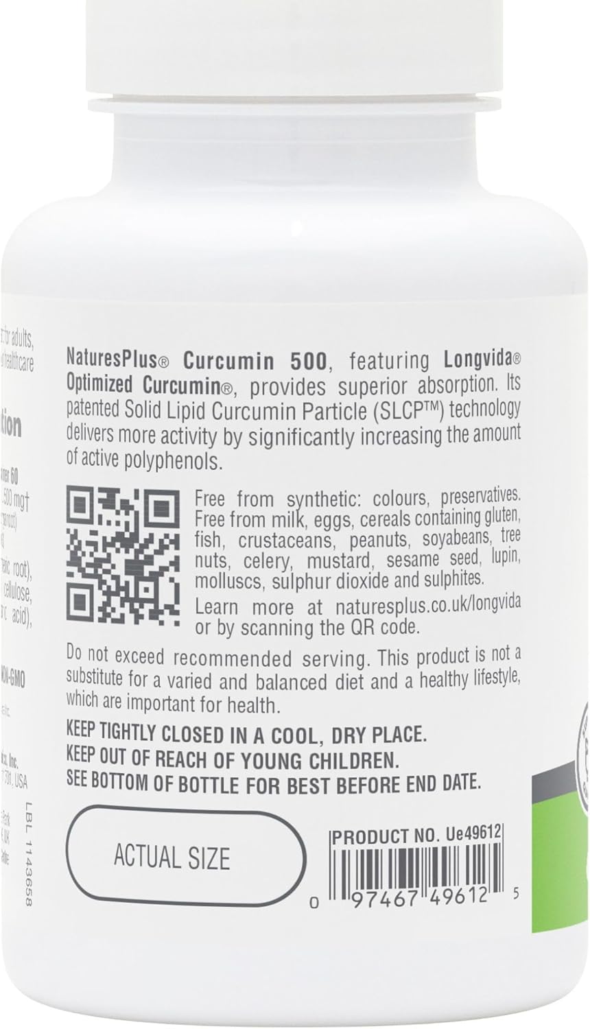 Natures Plus Pro Longvida Curcumin 500 Mg - 60 Capsules - Promotes Healthy Free Radical Protection - Non-Gmo, Vegan & Gluten Free - 60 Servings