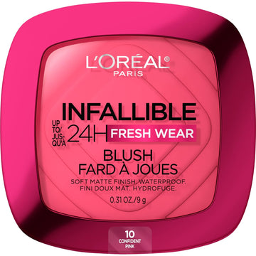 L'Oreal Paris Infallible Up To 24H Fresh Wear Soft Matte Blush, Blendable, Long-Lasting And Waterproof Cheek Make Up, Confident Pink 10, 0.31 Oz