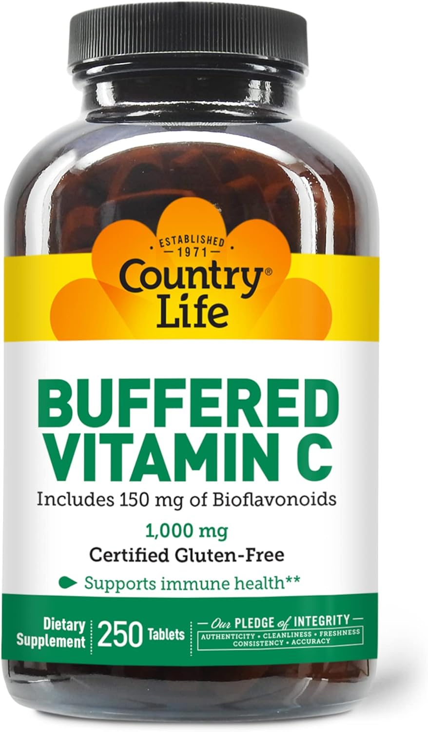 Country Life Vitamin C Buffered With Bioflavonoids, 1000Mg, 250 Tablets, Certified Gluten Free, Certified Vegan