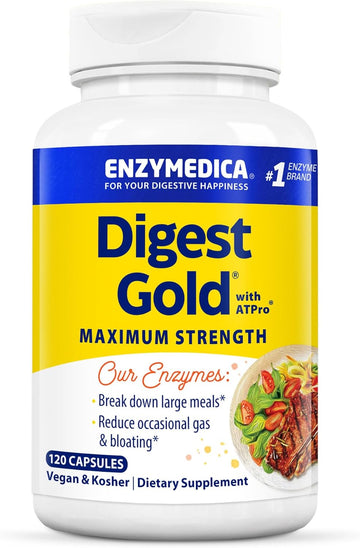 Enzymedica Digest Gold + Atpro, Maximum Strength Enzyme Formula, 14 Key Enzymes Including Amylase, Protease, Lipase And Lactase, 120 Capsules