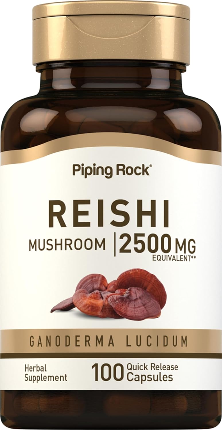 Piping Rock Reishi Mushroom Supplement | 2500mg | 100 capsules | Standardized Herbal Extract | with Ganoderma Lucidum | Non GMO, Gluten free