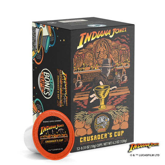 Bones Coffee Company Flavored Coffee Bones Cups Crusader's Cup Flavored Pods | 12ct Single-Serve Coffee Pods Inspired by Indiana Jones