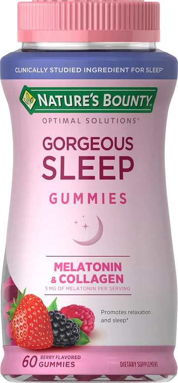 Nature'S Bounty Optimal Solutions Gorgeous Sleep Melatonin 5Mg Gummies With Collagen, Assorted Fruit Flavors, 60 Count