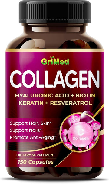 Grimed Organic Collagen 6,419 Mg With Hyaluronic Acid, Biotin, Keratin, Resveratrol Hair Skin, Nails Vitamins - Made In The Usa (90 Count (Pack Of 1))