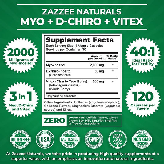 Zazzee Myo-Inositol + D-Chiro + Vitex, 120 Vegan Capsules, Optimal 40:1 Inositol Ratio, With 500 Mg Vitex, 100% Vegetarian, All-Natural And Non-Gmo, Supports Healthy Ovulation And A Regular Cycle