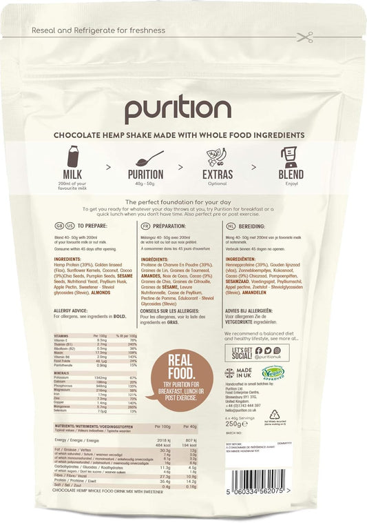 Purition Vegan Chocolate Dairy Free Natural Protein Powder for Keto Diet Shakes and Meal Replacements Shakes - 250g : Amazon.co.uk: Health & Personal Care