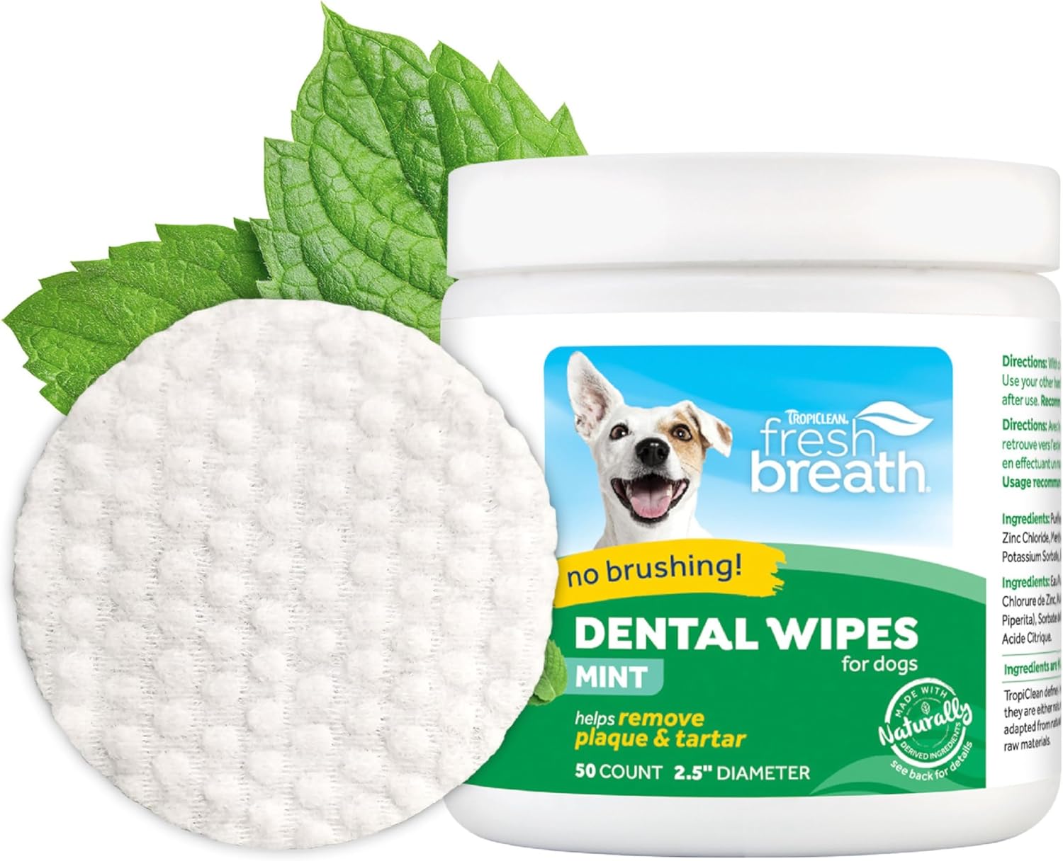 Tropiclean Fresh Breath Dog Teeth Cleaning Wipes - Dental Care Solution - Breath Freshener Oral Care - Dental Wipes Remove Plaque & Tartar - No Brushing Required, Original, 50CtFbdlwp50Ct