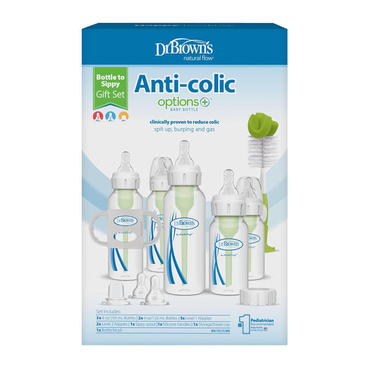 Dr. Brown'S Natural Flow® Anti-Colic Options+™ Narrow Bottle To Sippy Gift Set With Soft Silicone Sippy Spout, Removable Silicone Handles, Travel Cap And Bottle Brush