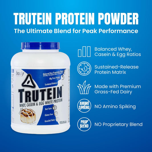 Body Nutrition Trutein High Protein Powder: 45% Whey, 45% Casein, 10% Egg White, Gluten-Free, Low Sodium, Grass Fed Whey Protein Powder, Gym Supplement & Breakfast Shake, Cinnabun, 4Lb