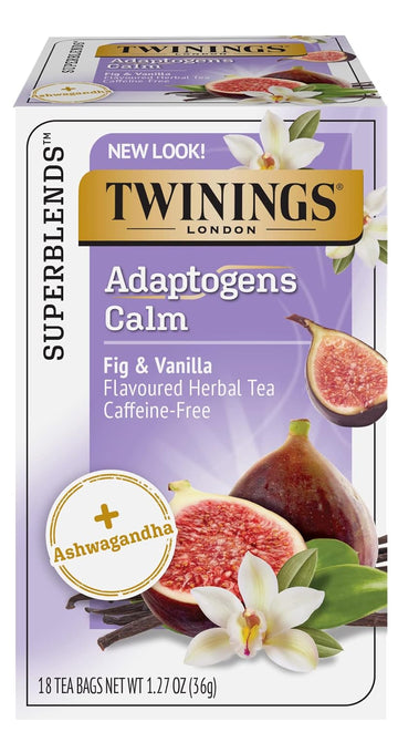 Twinings Superblends Adaptogens Calm With Ashwagandha Fig & Vanilla Flavoured Herbal Tea Caffeine-Free, 18 Tea Bags (Pack Of 6), Enjoy Hot Or Iced