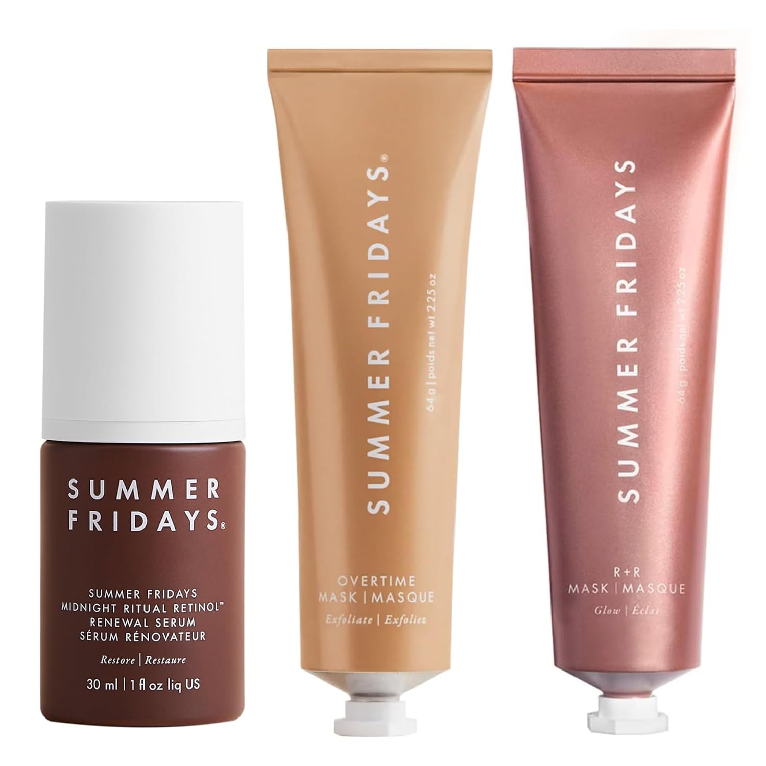 Summer Fridays Midnight Ritual Retinol Renewal Serum For Fine Lines & Wrinkles (1 Fl Oz) + Overtime Clarifying & Exfoliating Mask (2.25 Oz) + R+R Brightening & Hydrating Face Mask (2.25 Oz)