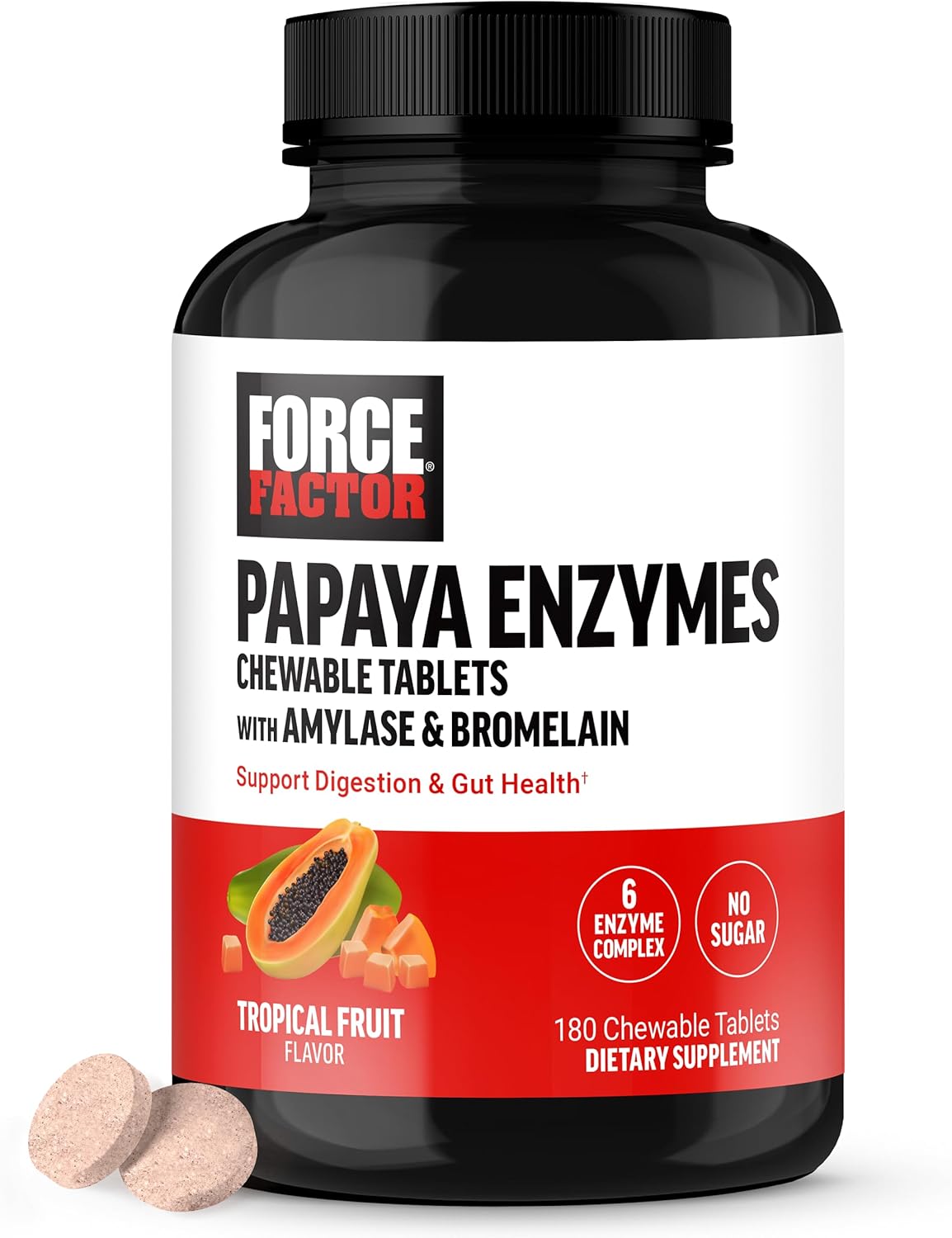 Force Factor Papaya Enzymes Complex, Digestion Supplement And Bloating Relief With Amylase And Bromelain, Support Healthy Digestion, Sugar Free, Non-Gmo, Tropical Fruit Flavor, 180 Chewable Tablets