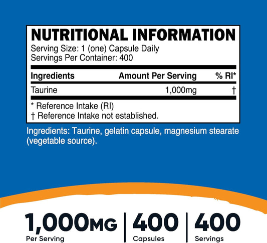 Nutricost Taurine 1000Mg, 400 Capsules