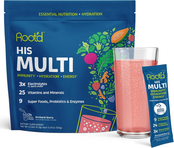 Root'D Multivitamin Powder For Men - 24 Vitamins & Minerals With 3X Electrolytes, 9 Organic Superfoods, Probiotics & Enzymes, Sugar-Free Multivitamin & Hydration | 24 Vitamin Drink Mix Packets