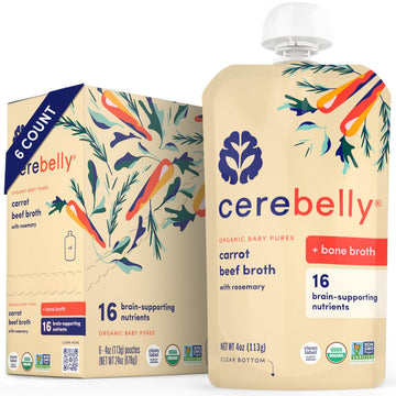 Cerebelly Organic Carrot Rosemary & Beef Bone Broth Puree | 6+ Months Stage 1 2 Baby Food Pouches | Non-GMO, Tested for Heavy Metals | Protein, Healthy Fats, 16 Nutrients | 4 Oz Pouch (6 Pack)