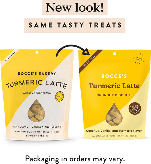 Bocce'S Bakery Oven Baked Turmeric Latte Treats For Dogs, Wheat-Free Everyday Dog Treats, Made With Real Ingredients, Baked In The Usa, All-Natural Biscuits, Coconut, Vanilla, & Turmeric, 5 Oz