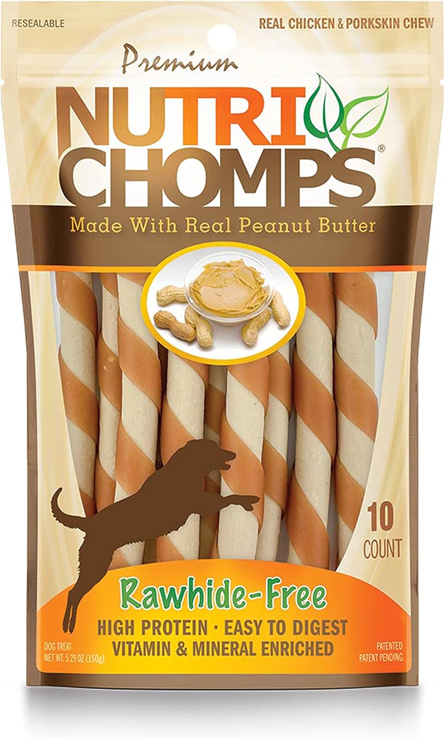Nutrichomps Dog Chews 5-Inch Twists, Easy To Digest, Rawhide-Free Dog Treats, 10 Count, Real Peanut Butter Flavor (Packaging May Vary)