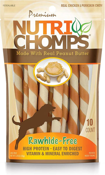 Nutrichomps Dog Chews 5-Inch Twists, Easy To Digest, Rawhide-Free Dog Treats, 10 Count, Real Peanut Butter Flavor (Packaging May Vary)