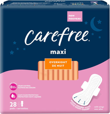 Carefree Maxi Pads, Overnight Pads With Wings, 28ct