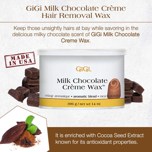 Gigi Milk Chocolate Crème Hair Removal Wax, Soft Wax For Coarse & Resistant Hair, With Cocoa Seed Extract, 14 Oz