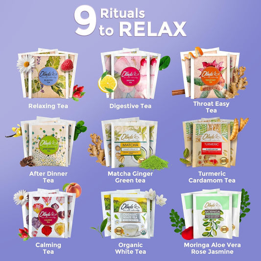 Olinda Relax Tea Gift Box 100% Organic Tea Bags Low Caffeine Throat Digestive White Tea Samplers Natural Herbal Gift Set Premium 9 Vareity Individually Wrapped 45 Tea Bags 1 Tea Box Tea Gifts For Women