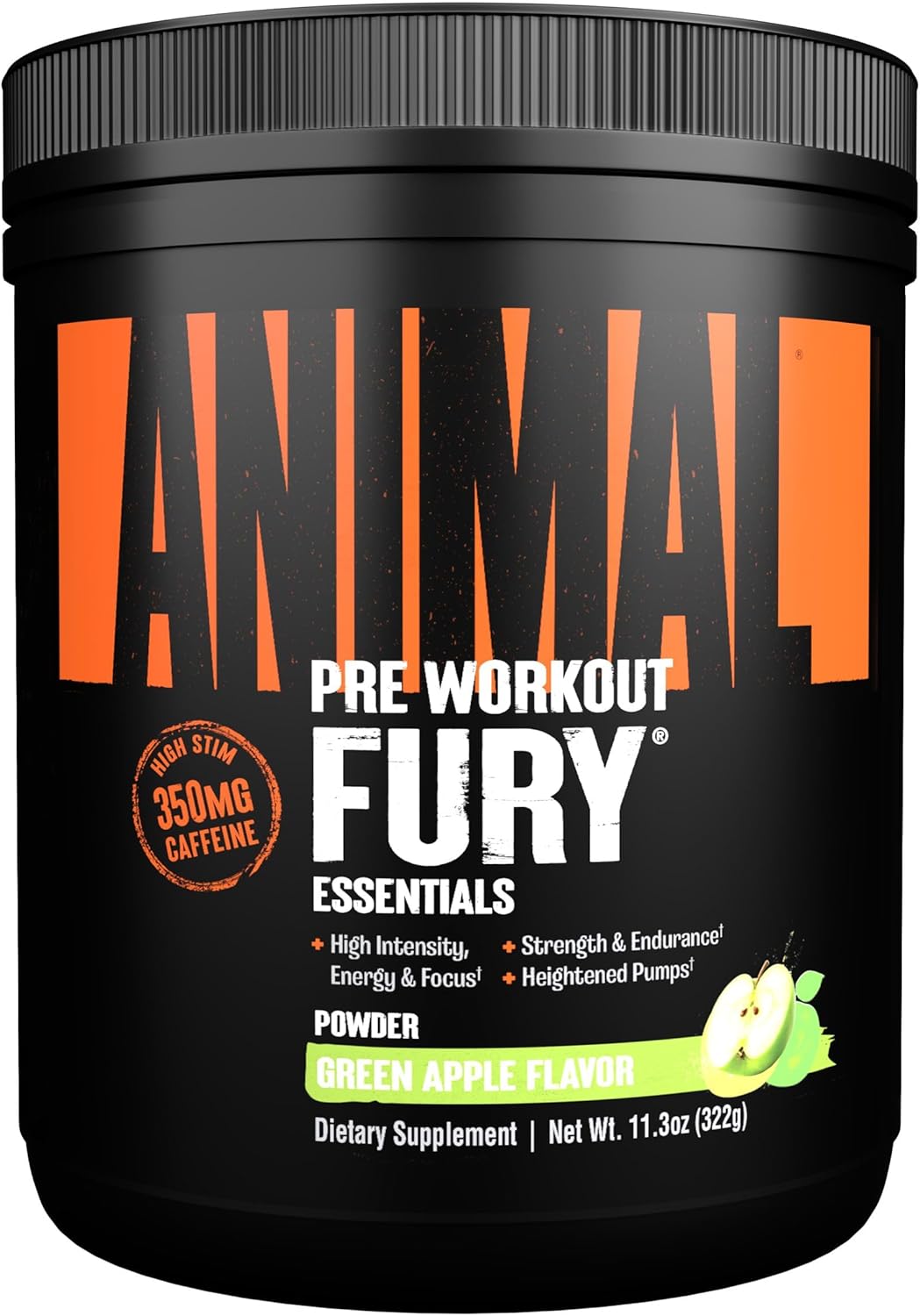 Animal Fury Pre Workout Powder - Energy And Focus Supplement With 5G Bcaa, 350Mg Caffeine Nitric Oxide Booster With Beta-Alanine, Preworkout For Men And Women, Green Apple Flavor, 20 Servings