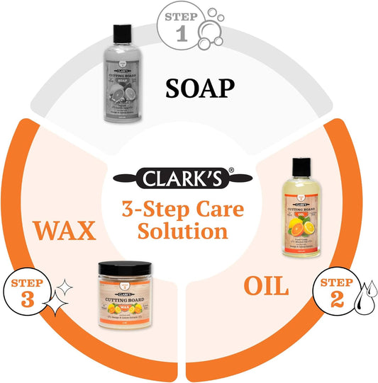CLARK’S Cutting Board Oil and Wax Kit – Includes Food Grade Mineral Oil (12oz), Finishing Wax (6oz), Applicator, & Buffing Pad to Clean and Protect Wood, Enriched with Natural Lemon & Orange Extract