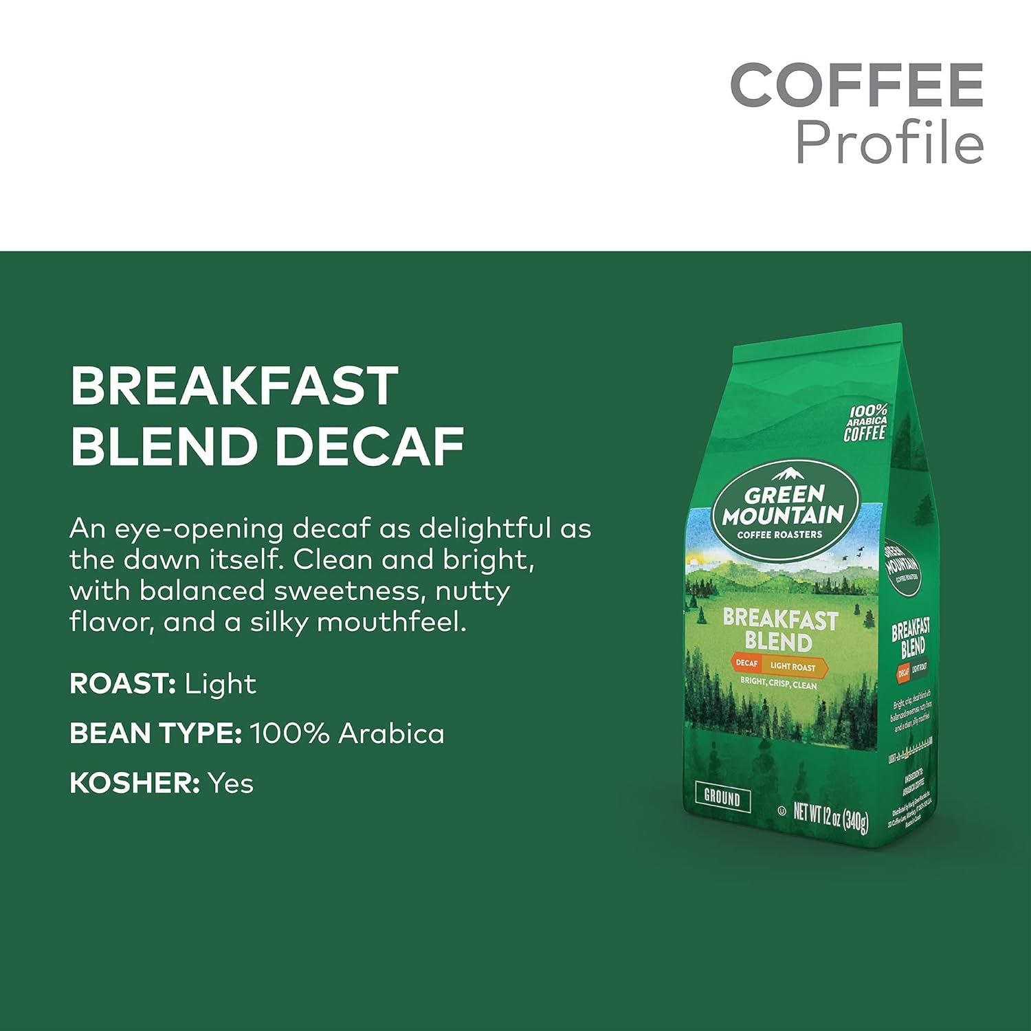 Green Mountain Coffee Roasters, Breakfast Blend Decaf, Ground Coffee, Decaffeinated, Light Roast, Bagged 12oz. : Everything Else