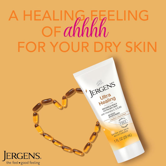 Jergens Ultra Healing Dry Skin Moisturizer, Travel Size Body and Hand Lotion, for Extra Dry Skin, Use After Washing Hands, HYDRALUCENCE blend, Vitamins C, E, B5, 1 Fl Oz (Pack of 24)