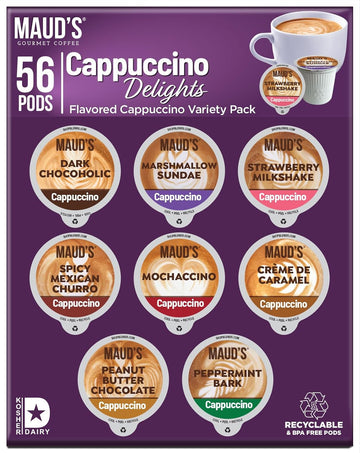 Maud'S Cappuccino Coffee Pods Variety Pack, 56 Ct, 8 Assorted Flavors, Recyclable Single Serve Pods – Compatible With Keurig K Cups Maker