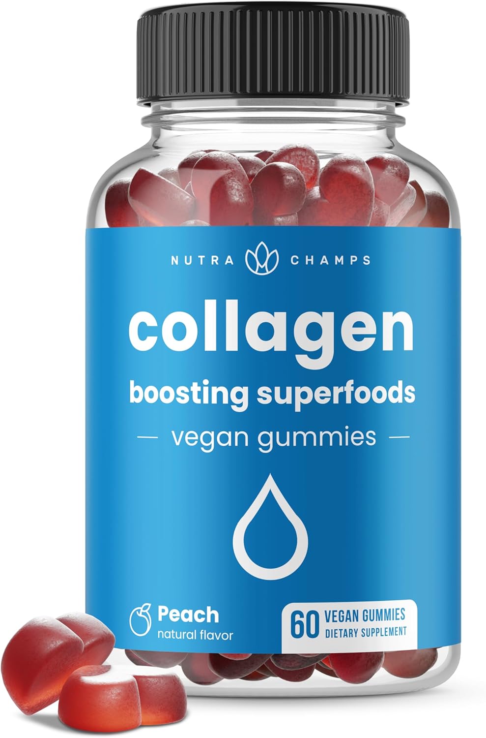 Collagen Boosting Gummies | Collagen Booster Gummy For Natural Collagen Production | Hair, Skin, Nails, Joint Support | Vegan Pectin Supplements Chews For Women & Men | 60 Peach Vitamins Gummies