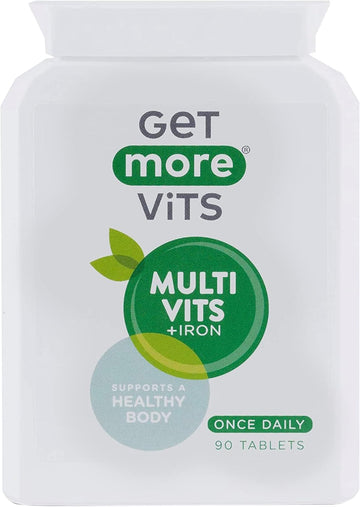 Get More Vits - Multivitamin Tablets With Iron (90 Tablets), Promotes Stronger Immune System, Healthy Bones, Teeth & Muscles, Supports Faster Metabolism, Combats Tiredness & Fatigue, Vegetarian, Vegan